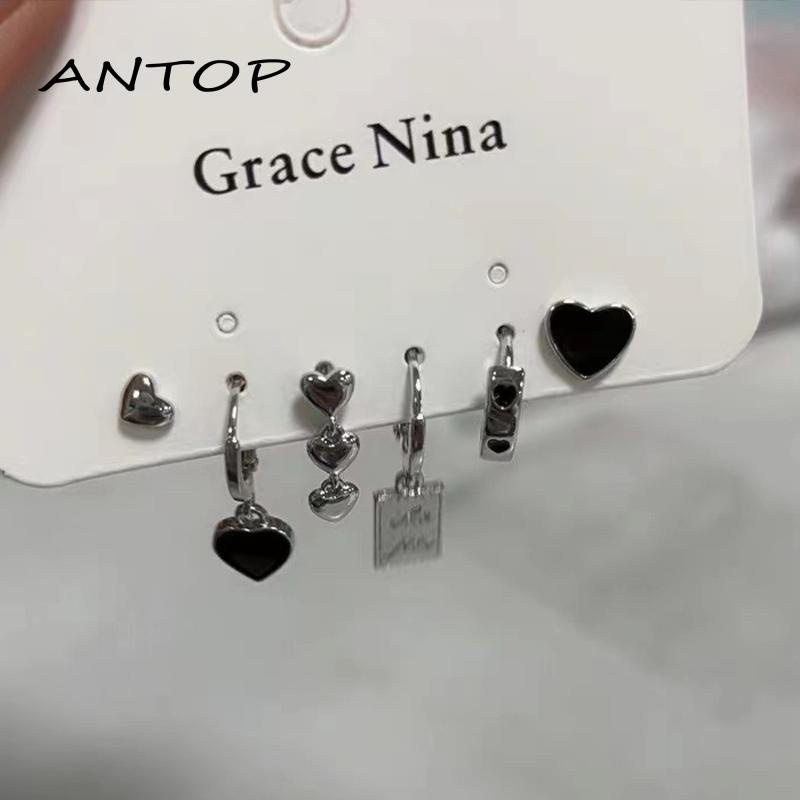 6pcs Anting Tusuk Silver Bentuk Hati Untuk Wanita