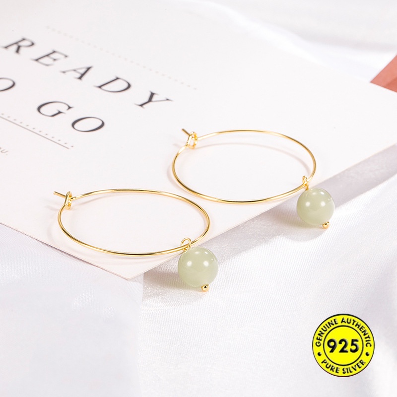 Anting Tusuk Retro Simple Anti Air / Alergi 18K Dengan Batu Giok Untuk Wanita