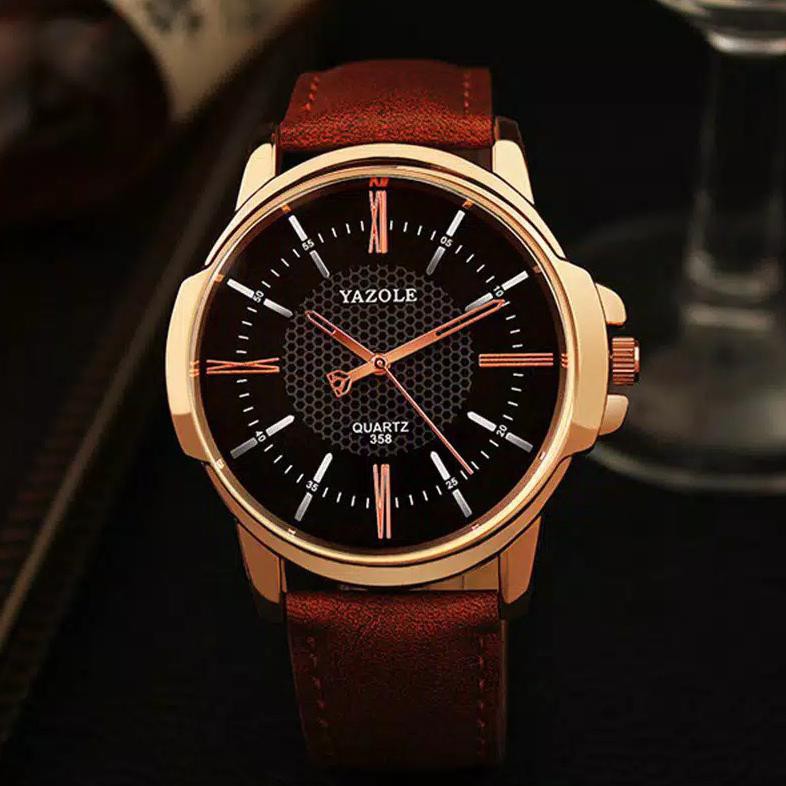 Jam Tangan Pria Yazole 358 Quartz Anti Air Strap Kulit Menyala Dalam Gelap-Yazole 358