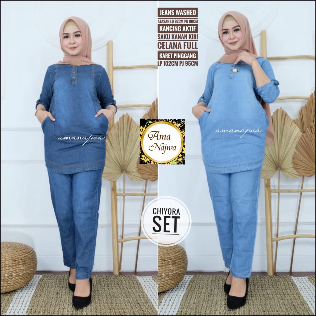 Chiyora baju jeans setelan celana wanita dewasa