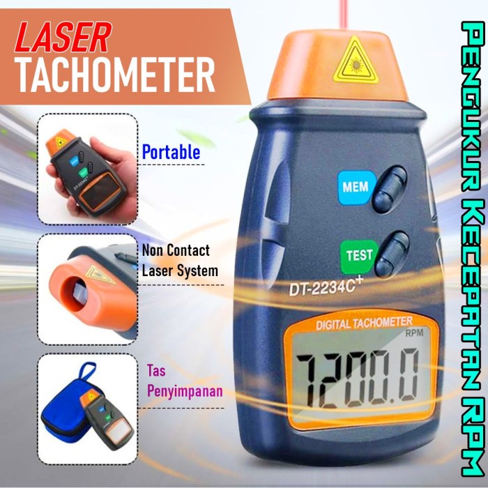 Laser Tachometer Digital DT-2234C - Non Contact Photo RPM Speedometer