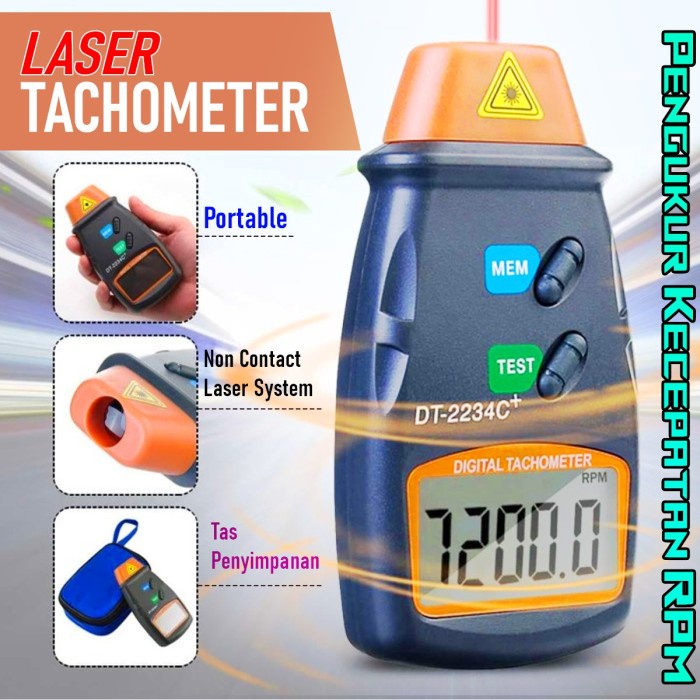 Laser Tachometer Digital DT-2234C - Non Contact Photo RPM Speedometer