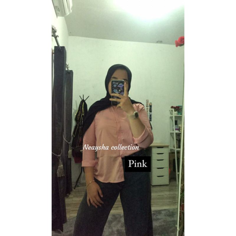 Kemeja wanita polos basic lengan panjang bahan katun rayon-Pink