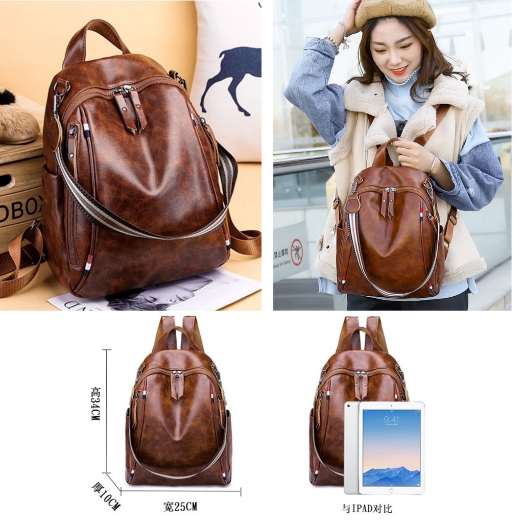 TAS RANSEL KULIT WANITA KOREA COKLAT MUNZI TA539B7 IMPORT BACKPACK BESAR GENDONG PUNGGUNG SEKOLAH KULIAH KERJA CEWEK KEKINIAN REMAJA BATAM BRANDED PREMIUM MURAH