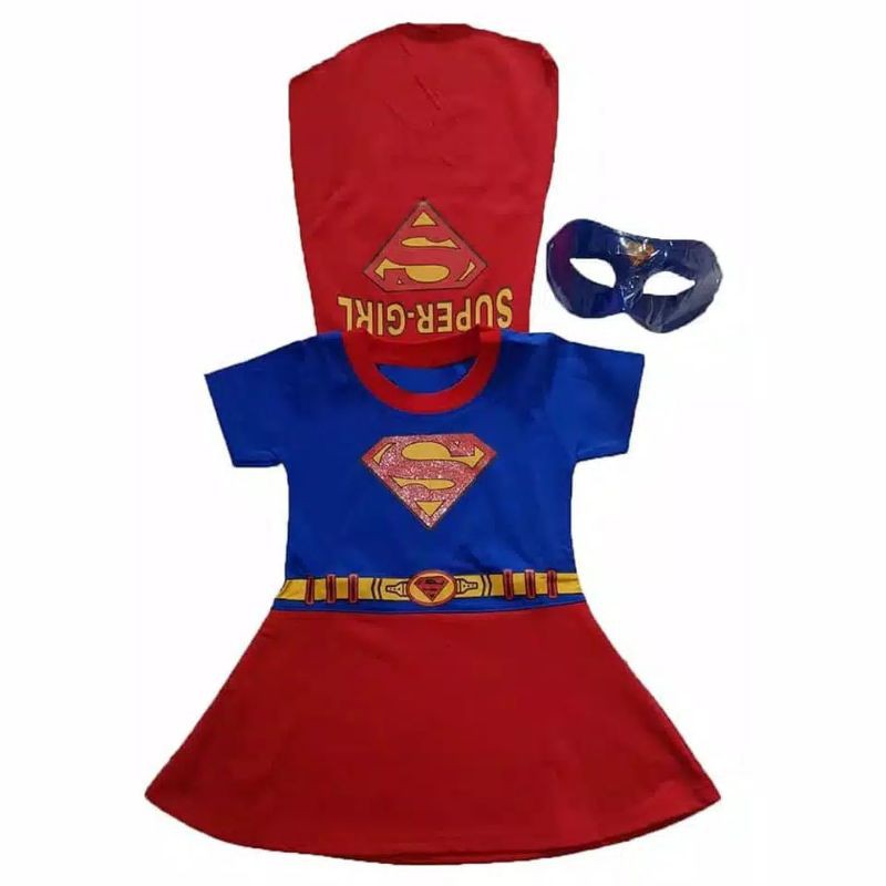 KOSTUM BAJU ANAK SUPERGIRL SUPERMAN CEWEK DAPAT TOPENG FREE TOPENG