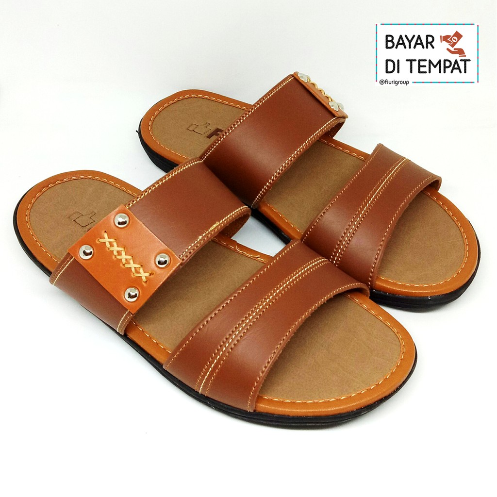 FIURI - Sandal Double Slip On Mocca - Sandal Murah Pria - Sandal Casual - Sandal Pria Kulit