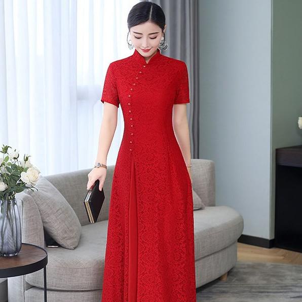 Clothes Modern Cheongsam Bordir Panjang Wanita Import Long Dress Lacy Brokat