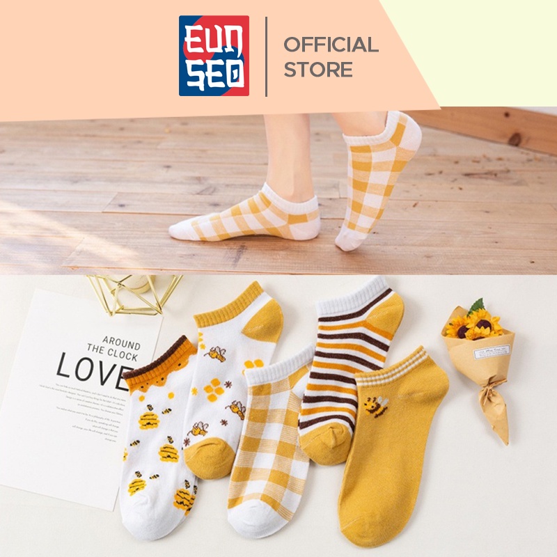 EUNSEO Kaos Kaki Semata Kaki Pendek Kaos Kaki Fashion Korea Motif Bee Lebah Kuning Premium