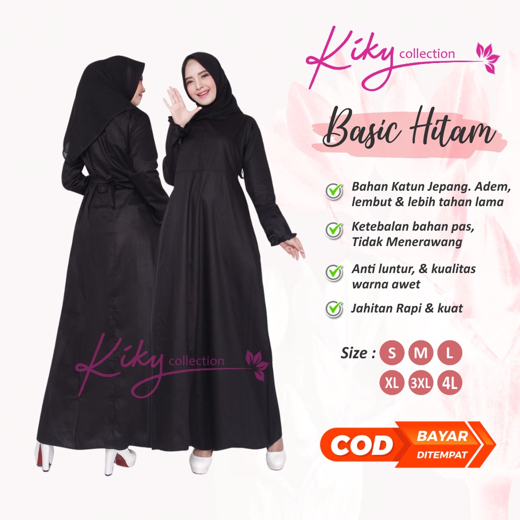 Baju Gamis Wanita Dress Basic Hitam Polos Muslim Dewasa Remaja Fashion Syari Pakaian Syar i Perempua