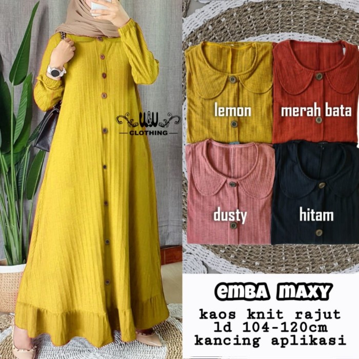 Gamis Wanita Baju Muslimah Modern Emba Maxi Bahan Kaos KNIT Rajut - Lemon