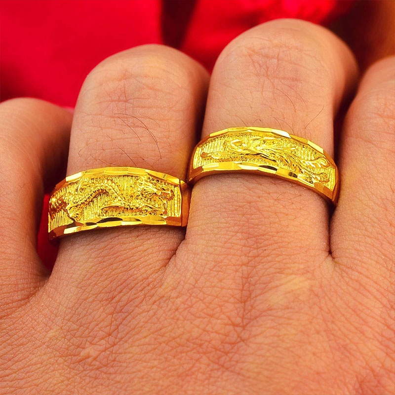 Tembaga Murni Berlapis Emas Pernikahan Naga Dan Phoenix Cincin Terbuka Untuk Pria Dan Wanita Pasangan Cincin Pasir Imitasi Emas