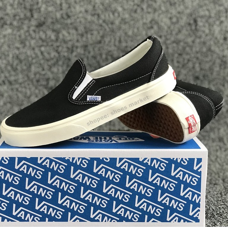 VANS SLIP ON OG BLACK WHITE WAFFLE DT BOX BIRU