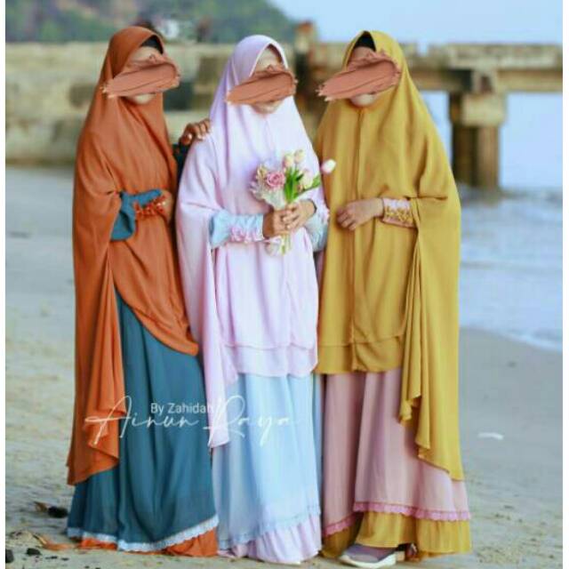 Gamis ainun raya set original dari zahidah cocok buat pesta dan pernikahan serta umroh dan haji