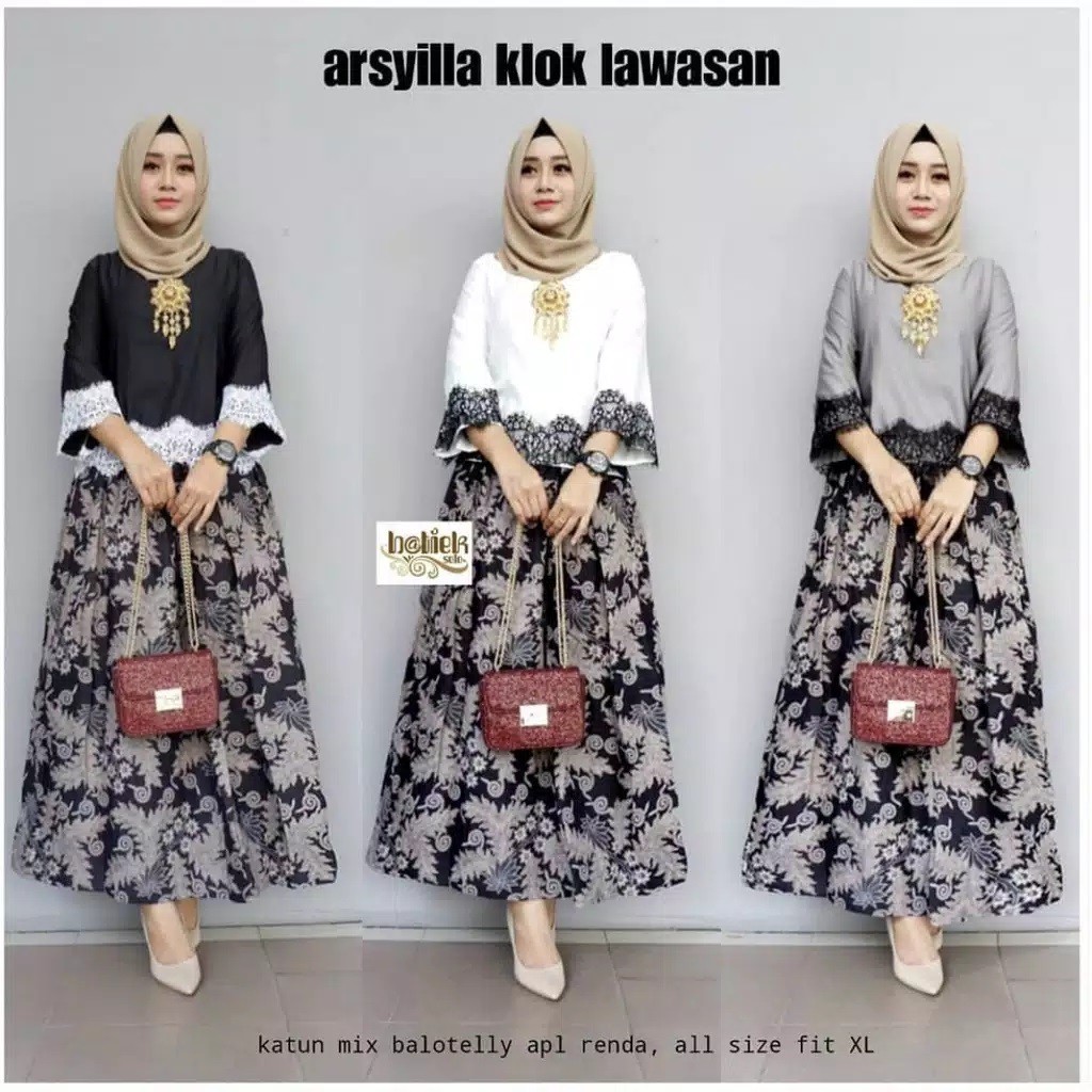 Couple Rok dan Blus RnB Arsyilla Klok Lawasan Sarimbit Kembaran Seragam Muslim Pesta Kondangan Cantik One Set Renda Panjang Lengan Lonceng Kombinasi Setelan Atasan Bawahan