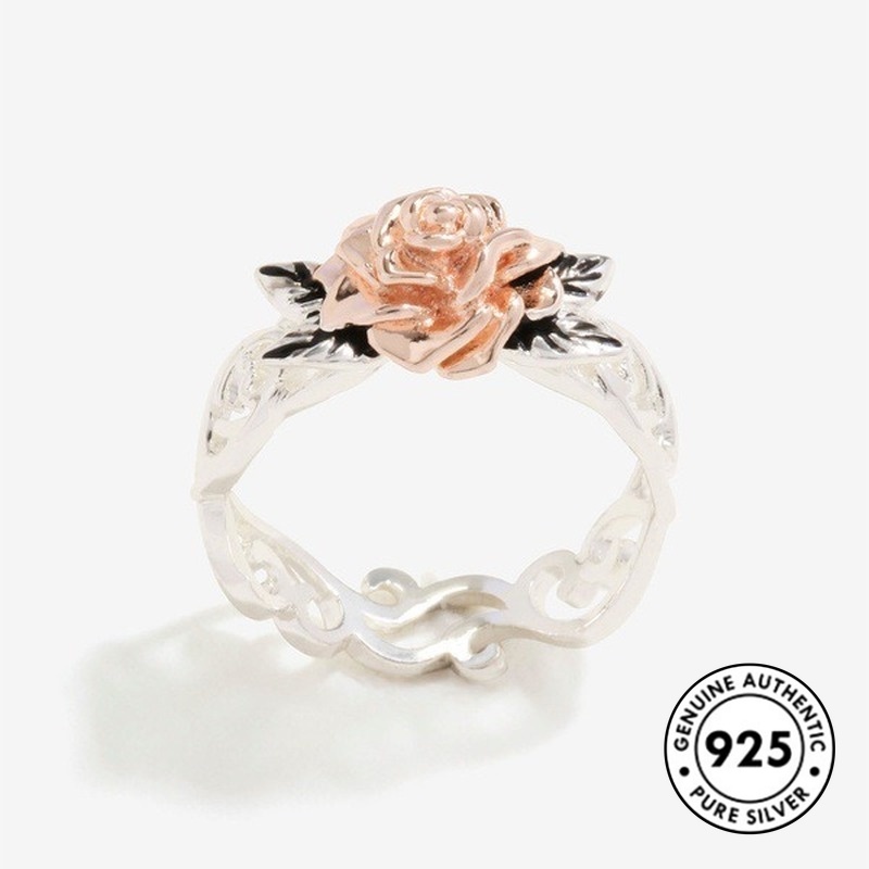 Cincin Silver Plated S925 Bentuk Bunga Warna Rose Gold Gaya Vintage