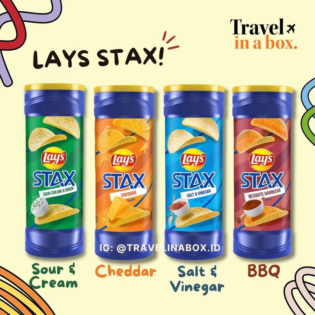 Lays Stax Cheddar, Barbecue, Salt & Vinegar, Sour Cream & Onion 155gr Snack Import