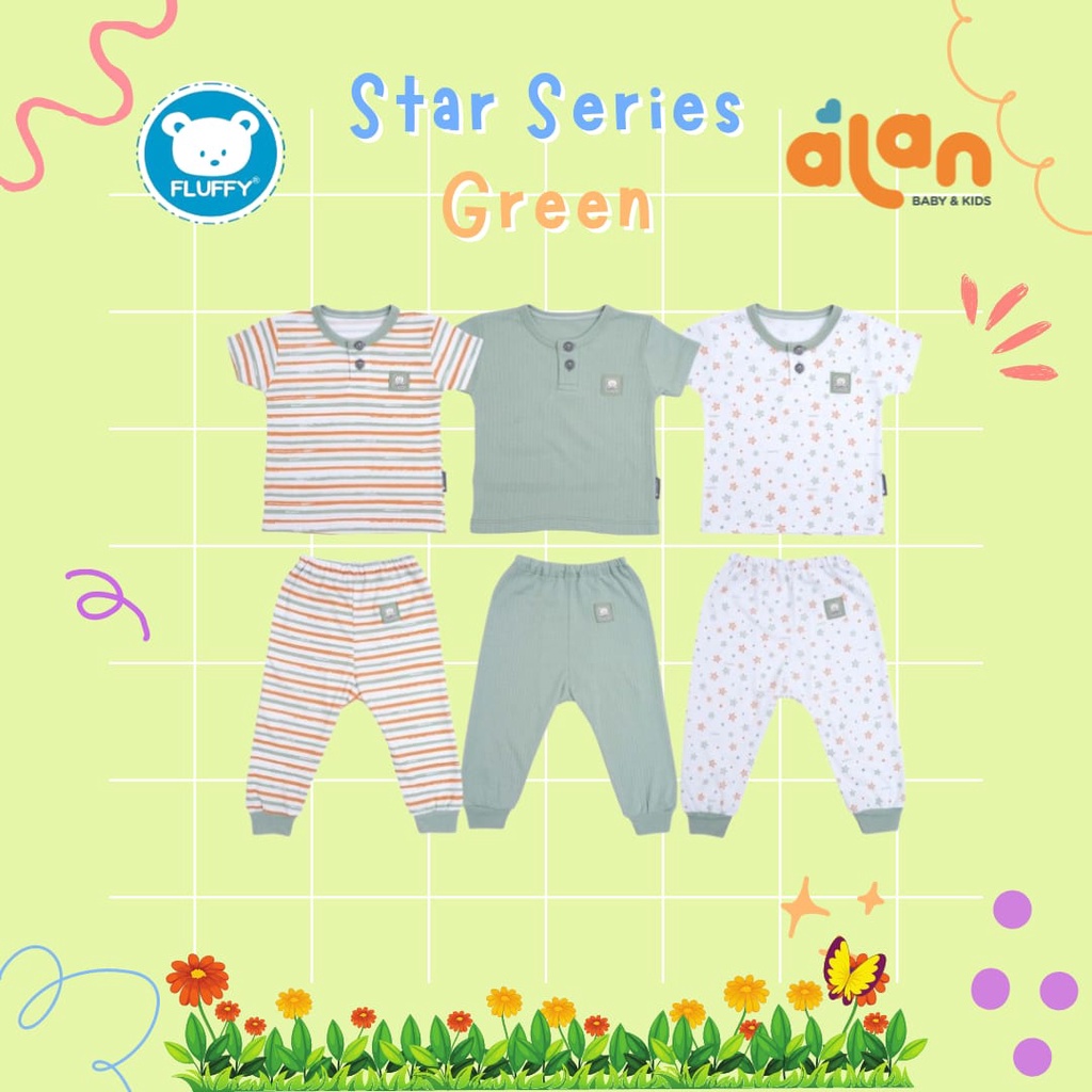 Fluffy Stelan Oblong  Lengan Pendek Celana Panjang isi 3 - Star Series Green (FY-SODJ)