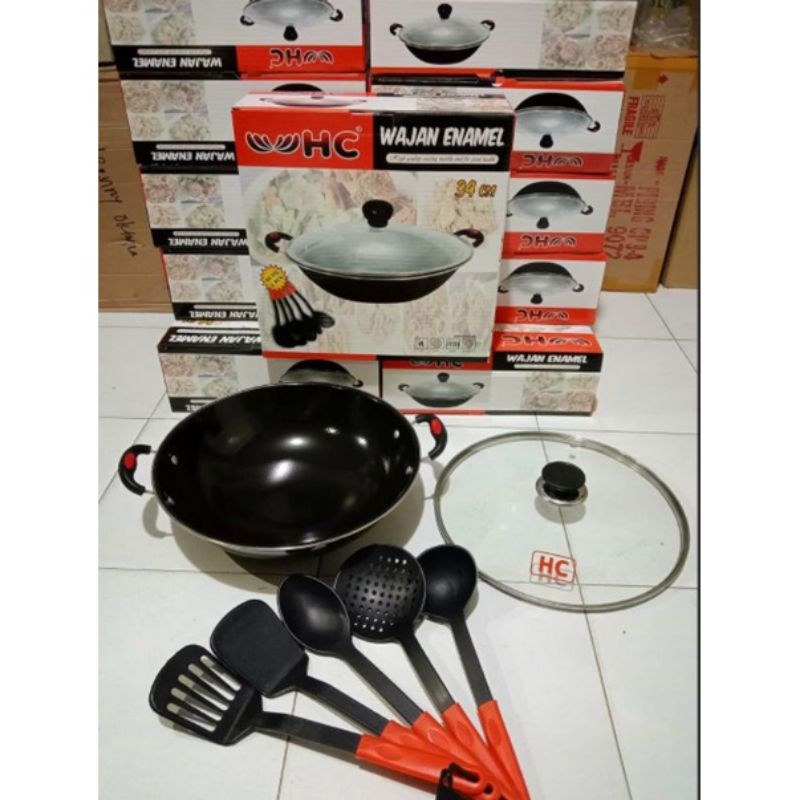 set kuali enamel HC + spatula/ wajan HC enamel