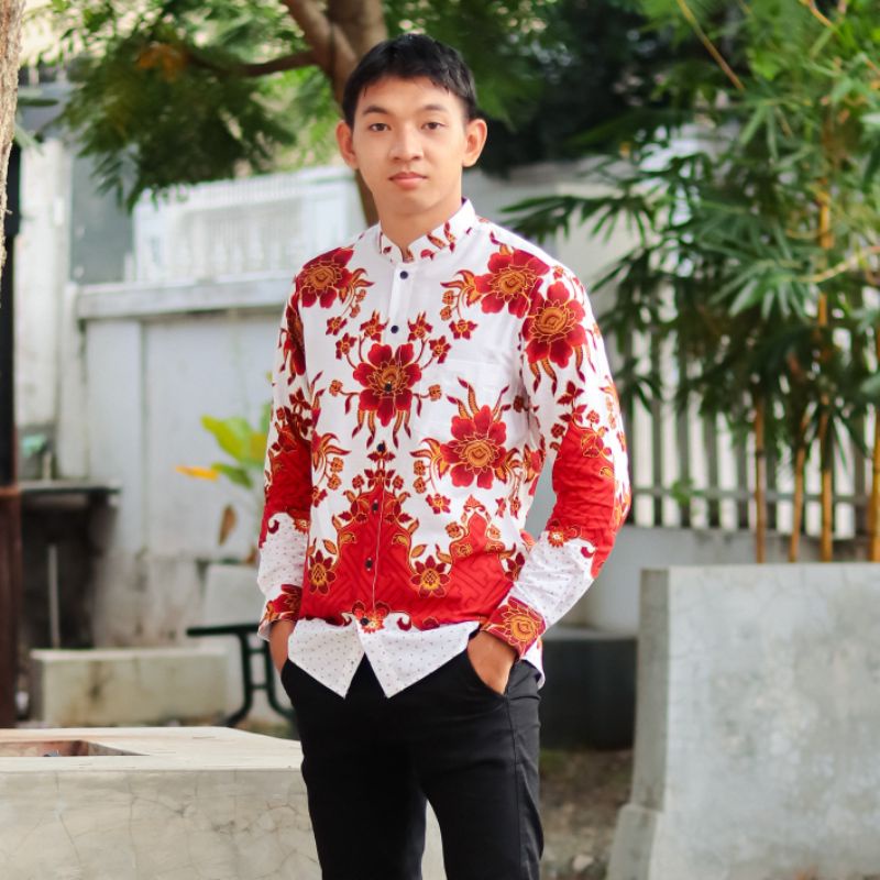 BatikBule Kemeja Batik Slimfit Panjang Motif Formal Warna Merah dan Putih  Kerah Shanghai LBL1638 &amp; LBL1639