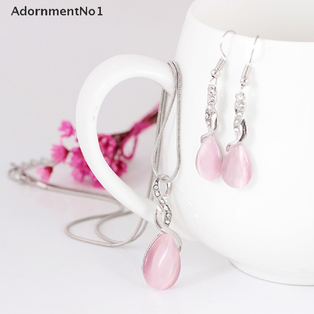 (AdornmentNo1) Set Kalung + Anting Tusuk Gantung Desain Tetesan Air Hias Opal Kristal Untuk Wanita