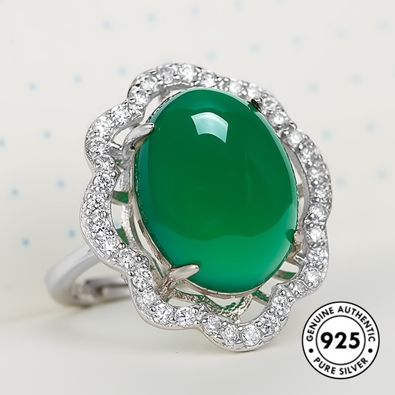 Cincin Sterling Silver 925 Gaya Vintage Elegan Dengan Giok Hijau Untuk Wanita