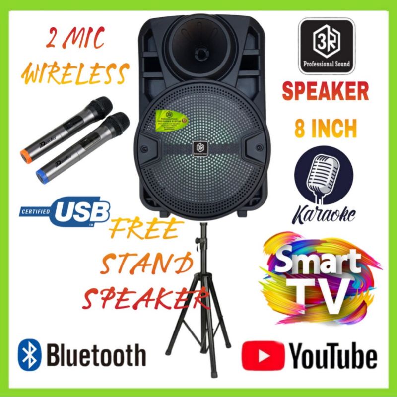 Speaker Portable 3R 8 Inch Karaoke Smart Tv Youtube + Stand Speaker