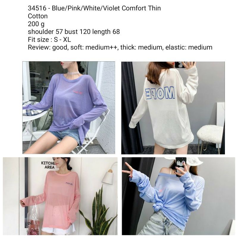 Kaos cewek jumbo tipis ungu putih biru pink lengan panjang