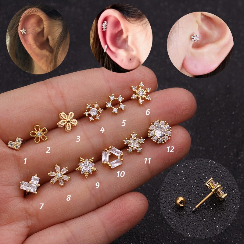 Flower Heart Crown Snowflake Cz Ear Studs Helix Piercing Cartilage Earring Conch Rook Tragus Stud Ear Piercing Jewelry