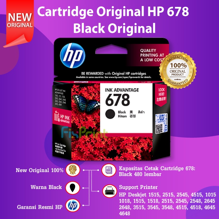 Cartridge HP 678 Black CZ107AA Tinta Refill 1515 1518 2545 3545 3548 4515 4518 4645 4648