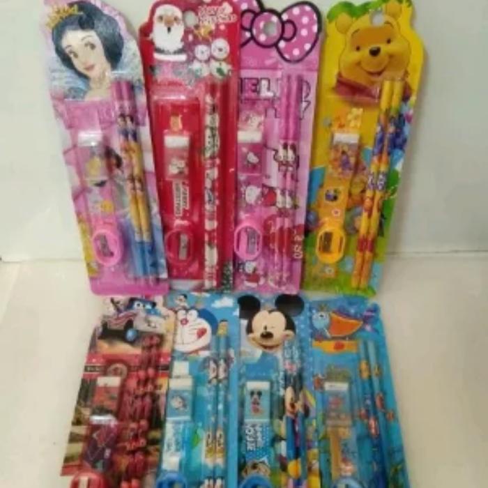 Paket Alat Tulis / Set Alat Tulis Pensil Dan Penghapus Warna Pink Biru