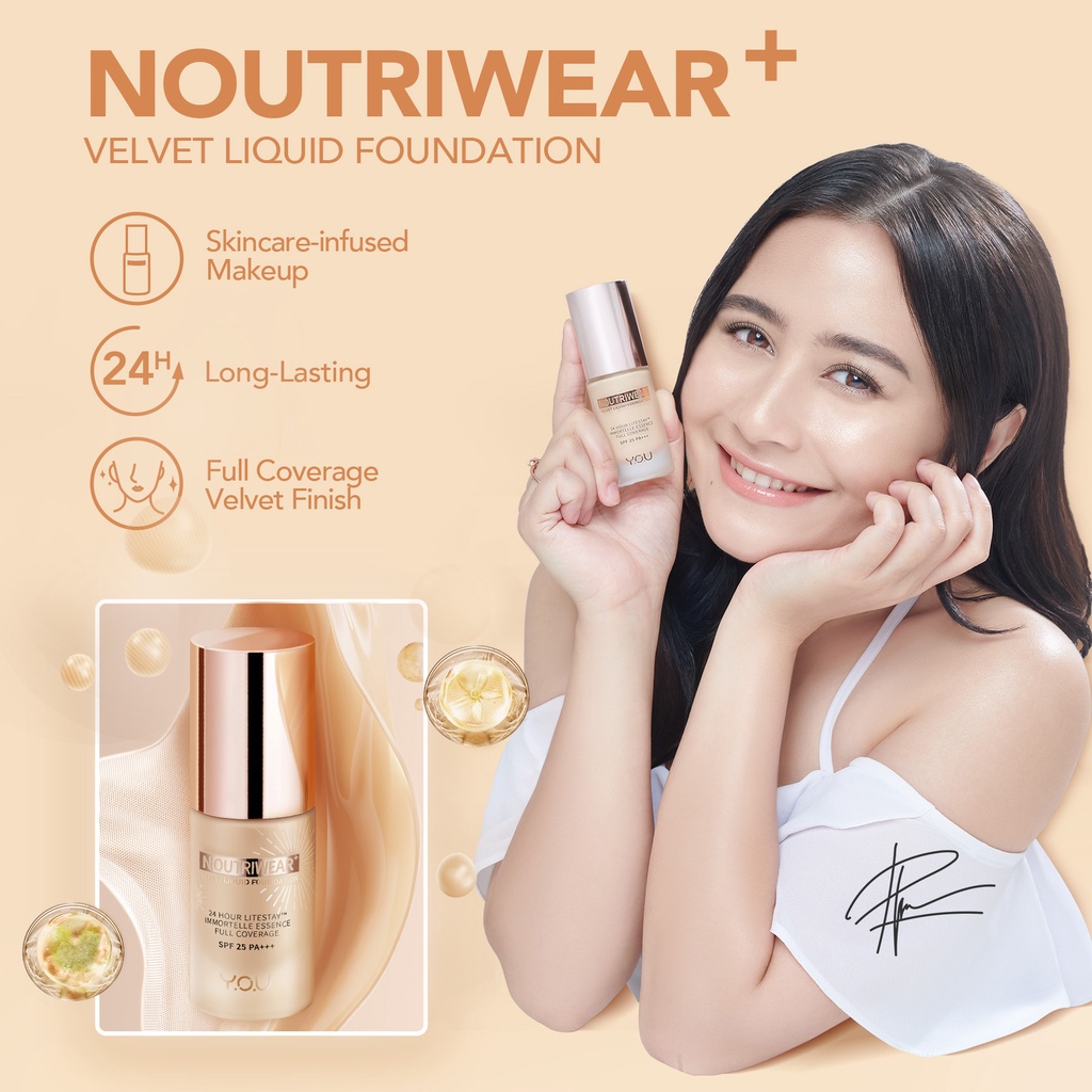 YOU NoutriWear+ Velvet Liquid Foundation SPF Alas Bedak 20ml | Tahan Lama 24 Jam Full Coverage Perawatan Wajah BPOM