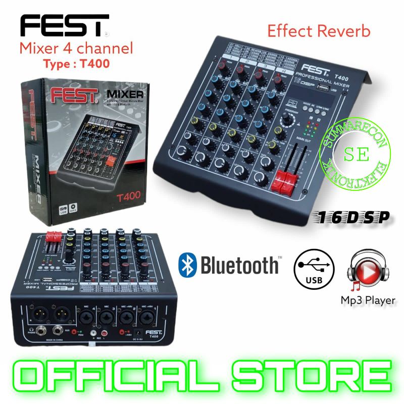 mixer audio 4 channel original fest t400 usb bluetooth recording
