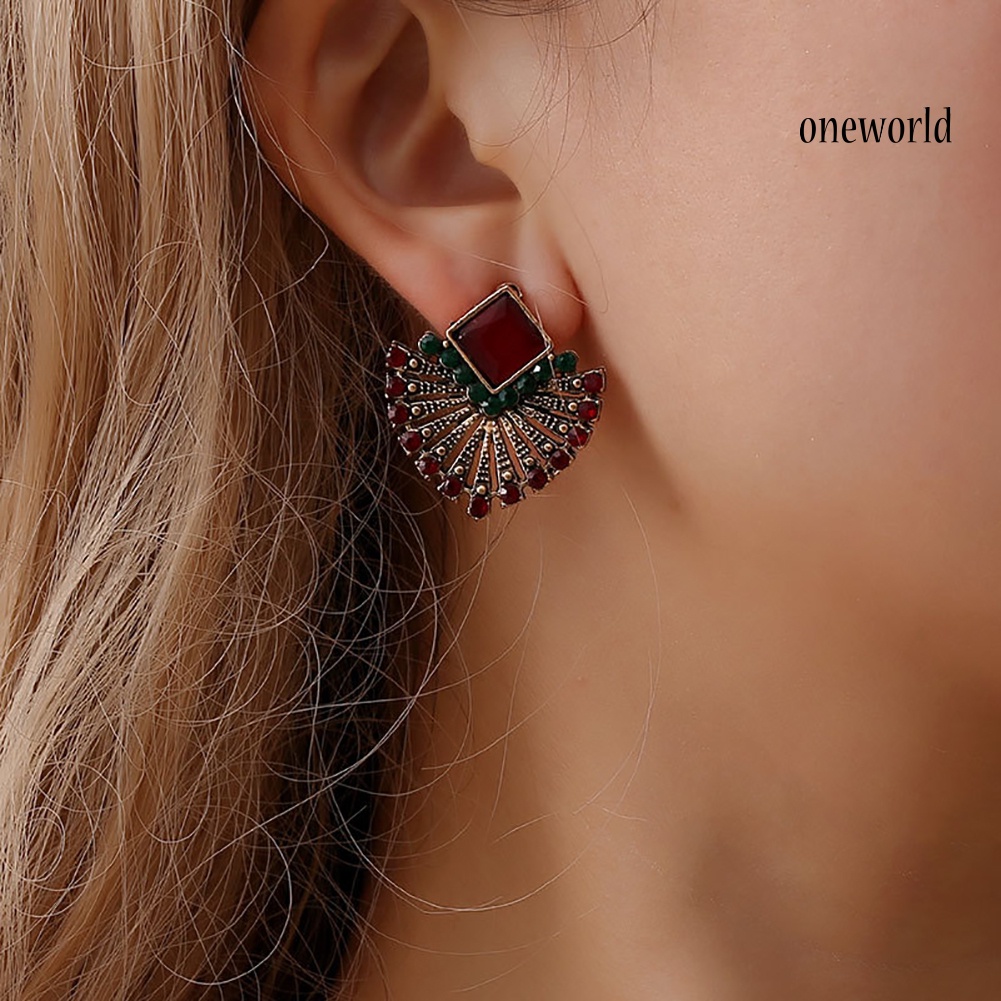 OW@ Women Vintage Ethnic Style Rhinestone Earrings Fan-Shaped Bohemian Ear Stud Gift