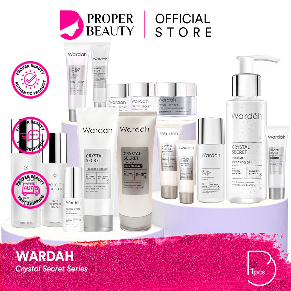 WARDAH Crystal Secret Series Indonesia / Facial Wash Face Scrub Micellar Water Essence Toner Mist Serum Day Night Eye Cream Sunscreen Mask Masker Lip Tint Matte Gloss / Lightening Acnederm Nature Daily Renew You C Defense Uv Shield Spf Colorfit Acne Paket