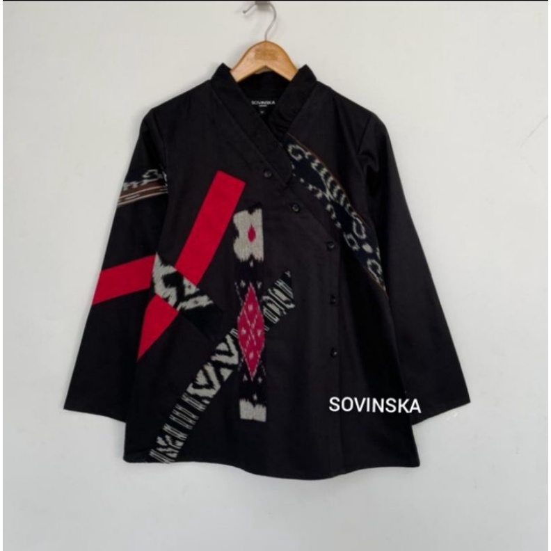 Atasan Tenun Kombinasi WP 232 Hitam blus Blouse baju kerja Wanita motif Lengan panjang etnik origina