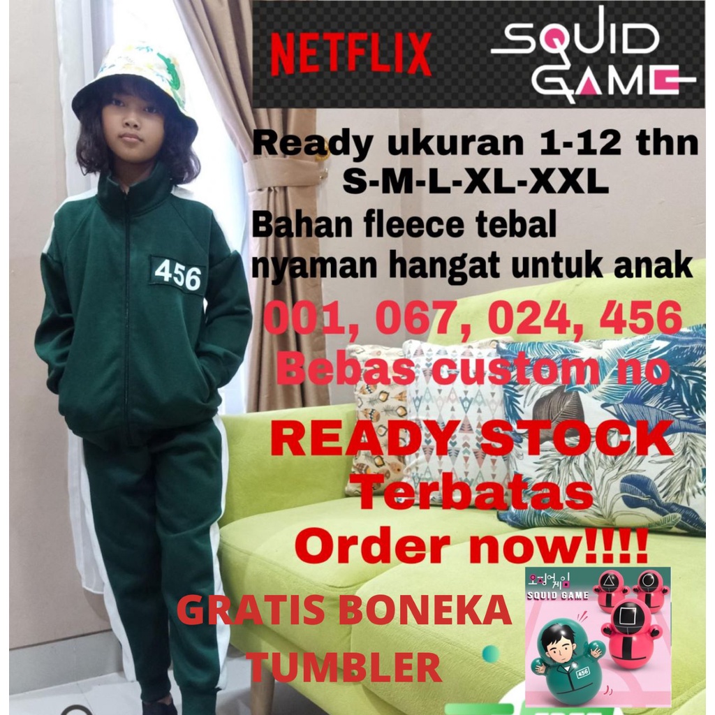 ( COD ) READY STOK JAKET SQUID GAME / BISA CUSTOM NOMER / JAKET SQUID GAME ANAK / SQUID GAME ANAK (UNISEX) S- M-L-XL-XXL