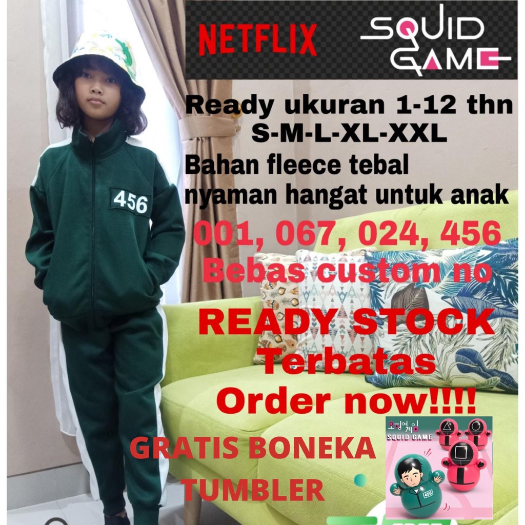 ( COD ) READY STOK JAKET SQUID GAME / BISA CUSTOM NOMER / JAKET SQUID GAME ANAK / SQUID GAME ANAK (UNISEX) S- M-L-XL-XXL