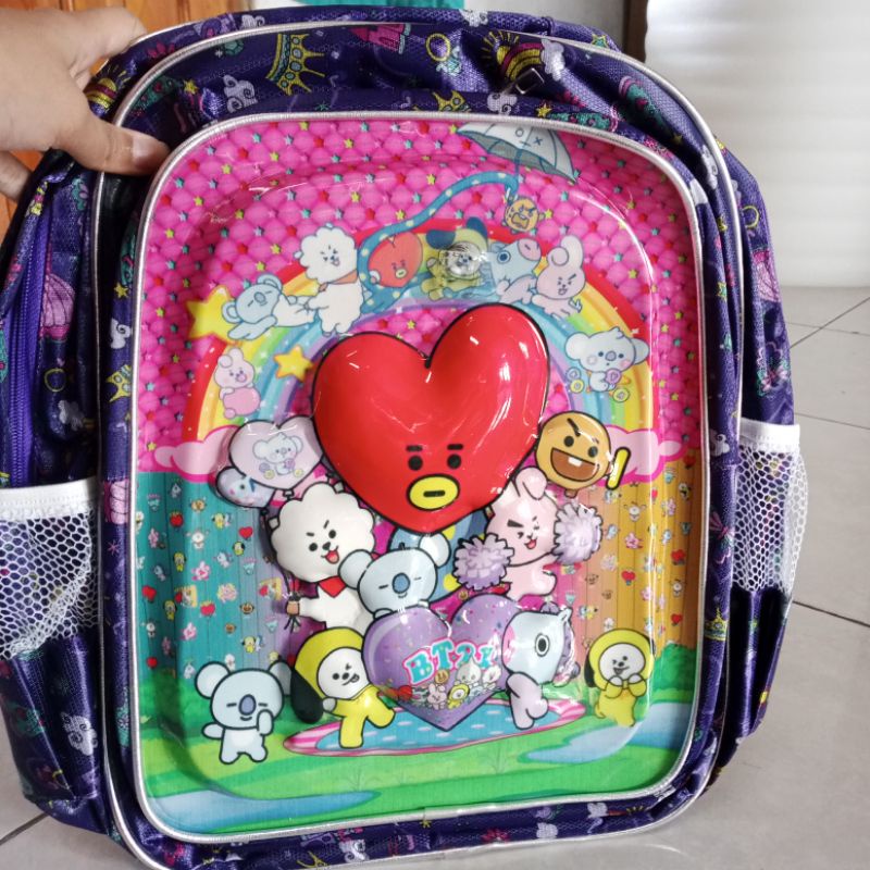 ransel SD motif BOBA bisa nyala ber-LED model timbul 3D-BT21 ungu