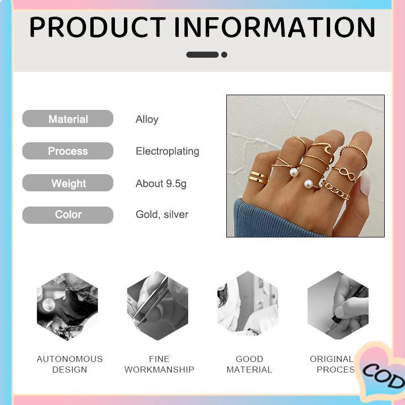 COD❤️10 Buah Set Wanita Kreatif Sederhana Manik-manik Ganda Cincin Gabungan Geometri Gelombang Mutiara-A.one