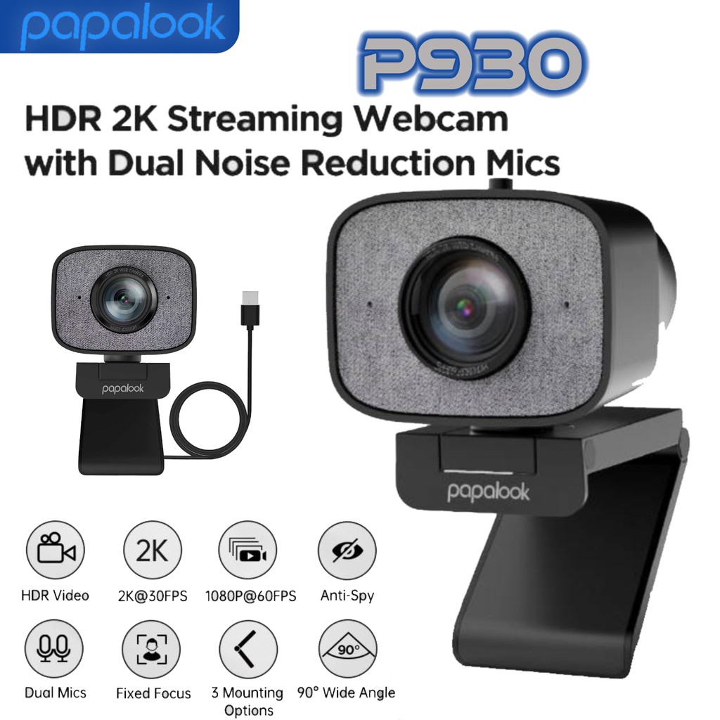 Papalook  PA930 Webcam Live Streaming 2K 30fps 1080p 60fps  HDR Free Tripod