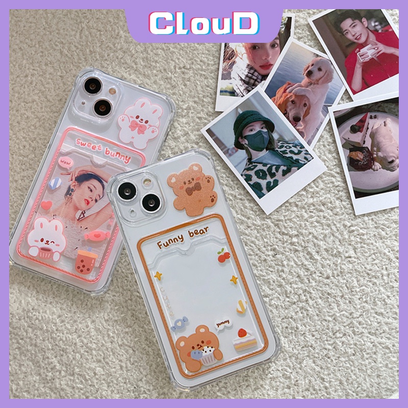 Soft Case Tpu Transparan Motif Kartun Kelinci Beruang Dengan Slot Kartu Untuk iPhone XR X XS Max 7 8 Plus 11 13 12 Pro Max 6 6s Plus SE 2020