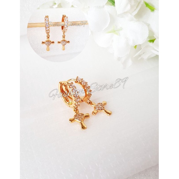 Anting Jepit Jurai Salib Permata perhiasan lapis emas impor fashion Rohani anting jepit jurai dewasa full permata putih impor