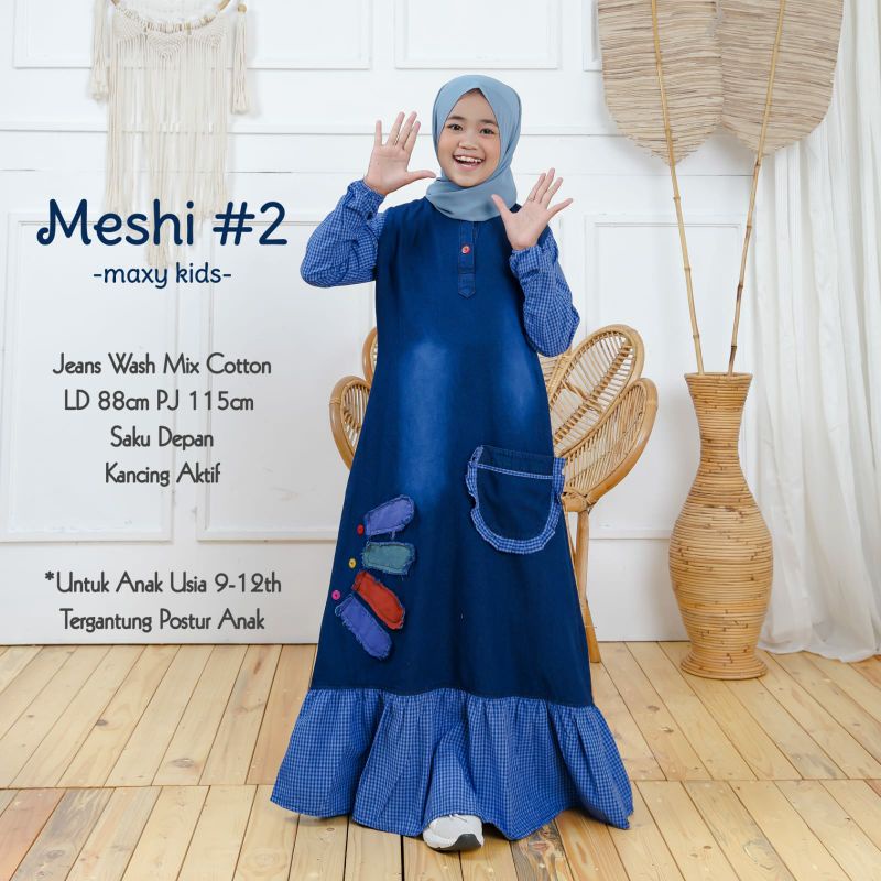 Gamis Kids Muslim Anak Perempuan Bahan Jeans Wash Ld 98 Pb 113 Kancing Depan Original Amber Mesha El