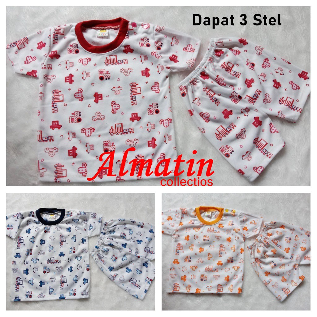 Setelan Baju Bayi Pendek 3 pcs / Baju Bayi 3 Stel Kancing Pundak / Baju Bayi 0-12 Bulan