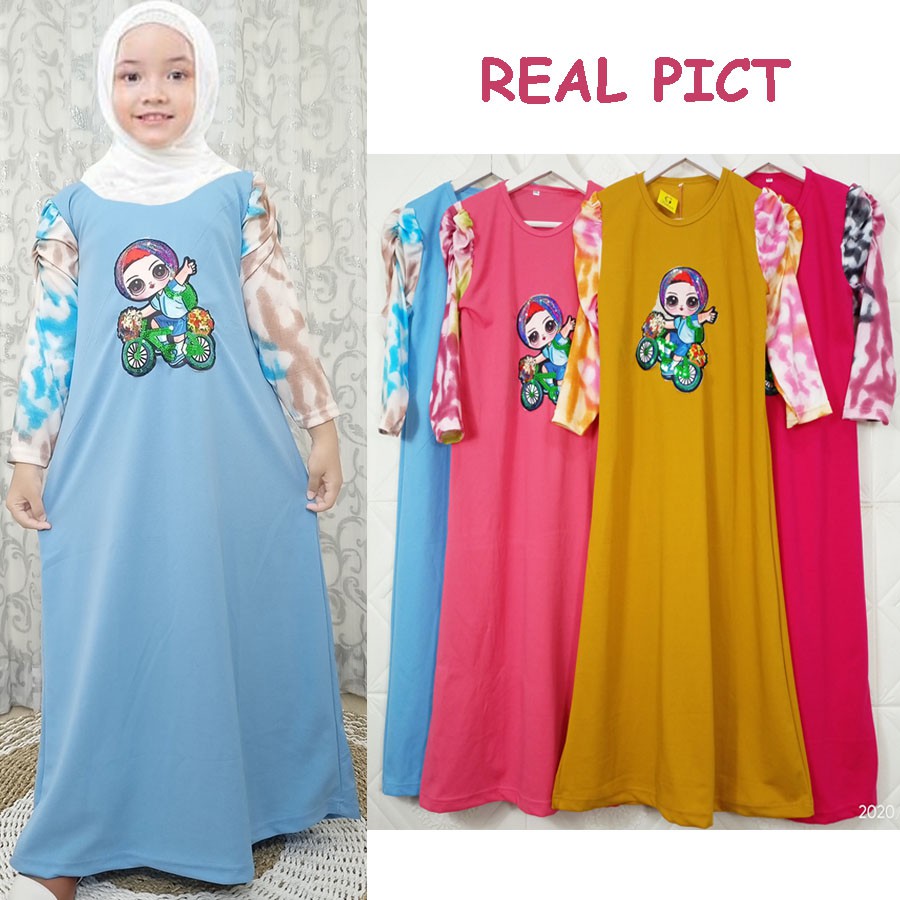 DRESS ANAK LENGAN KERUT TIE DYE GAMIS GAMBAR ANAK SEPEDAAN GL FASHION