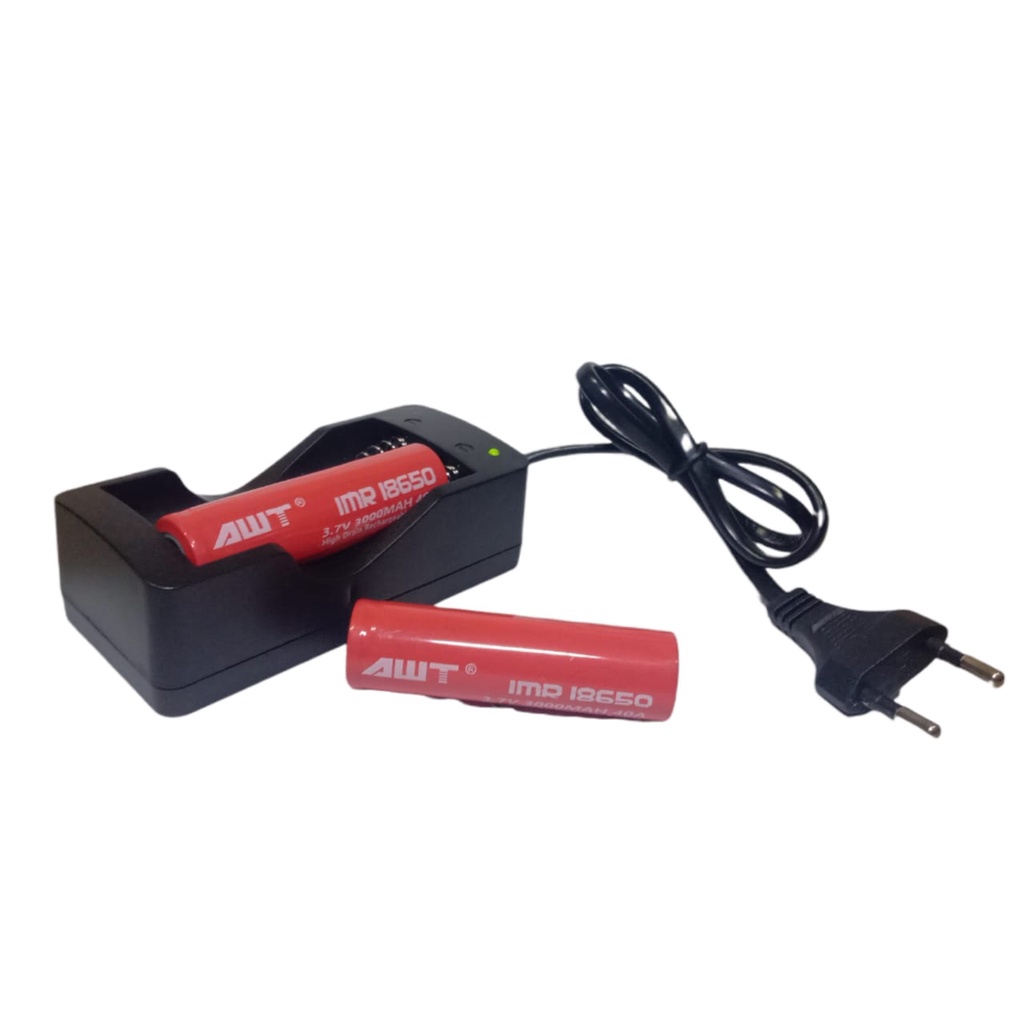 Paket Charger 2 Slot + 2 PCS Baterai Li-ion IMR AWT 18650 3000mAh 3.7V Warna Merah