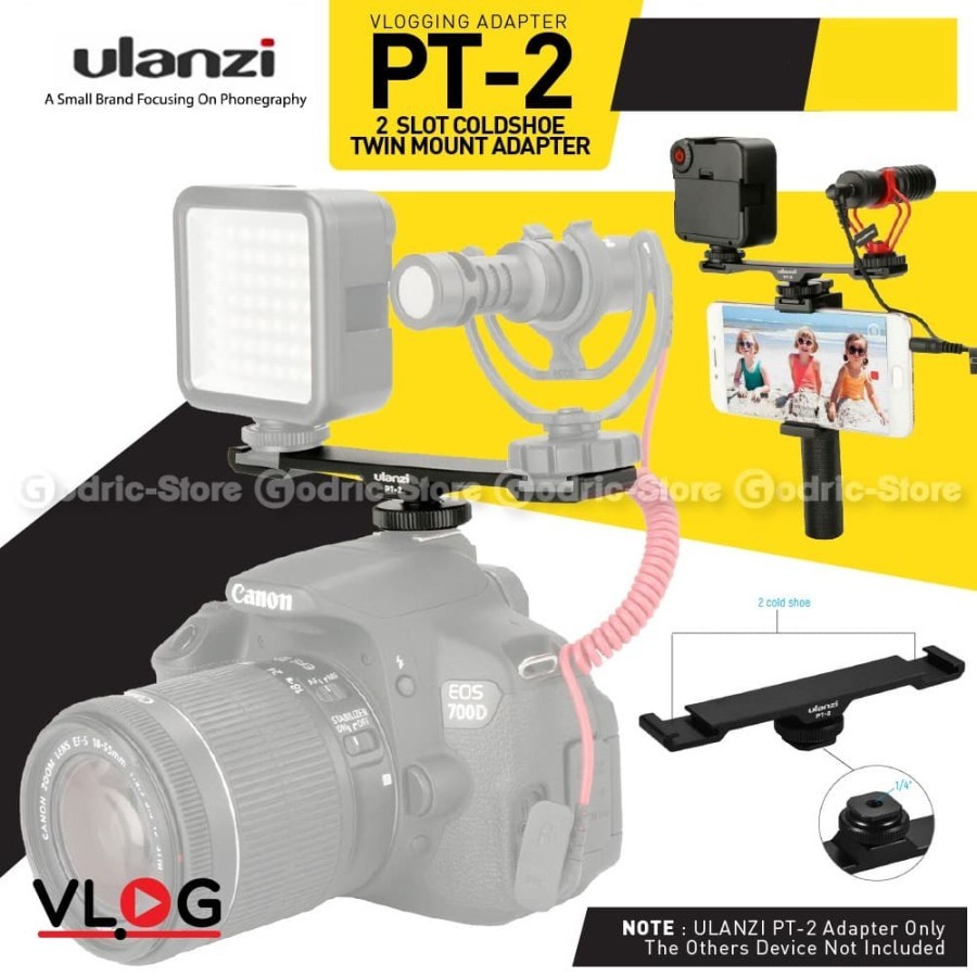 ULANZI PT-2 DUAL Cold Shoe Mount Mic &amp; LED Vlog Bracket for DSLR HP