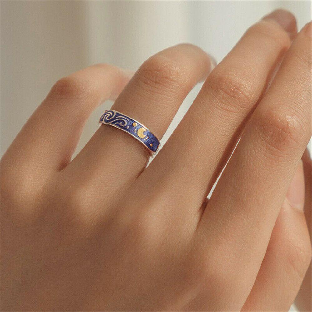 R-flower Couple Rings Wanita Pria Perhiasan Kekasih Biru Perak Plat Kawin Langit Berbintang