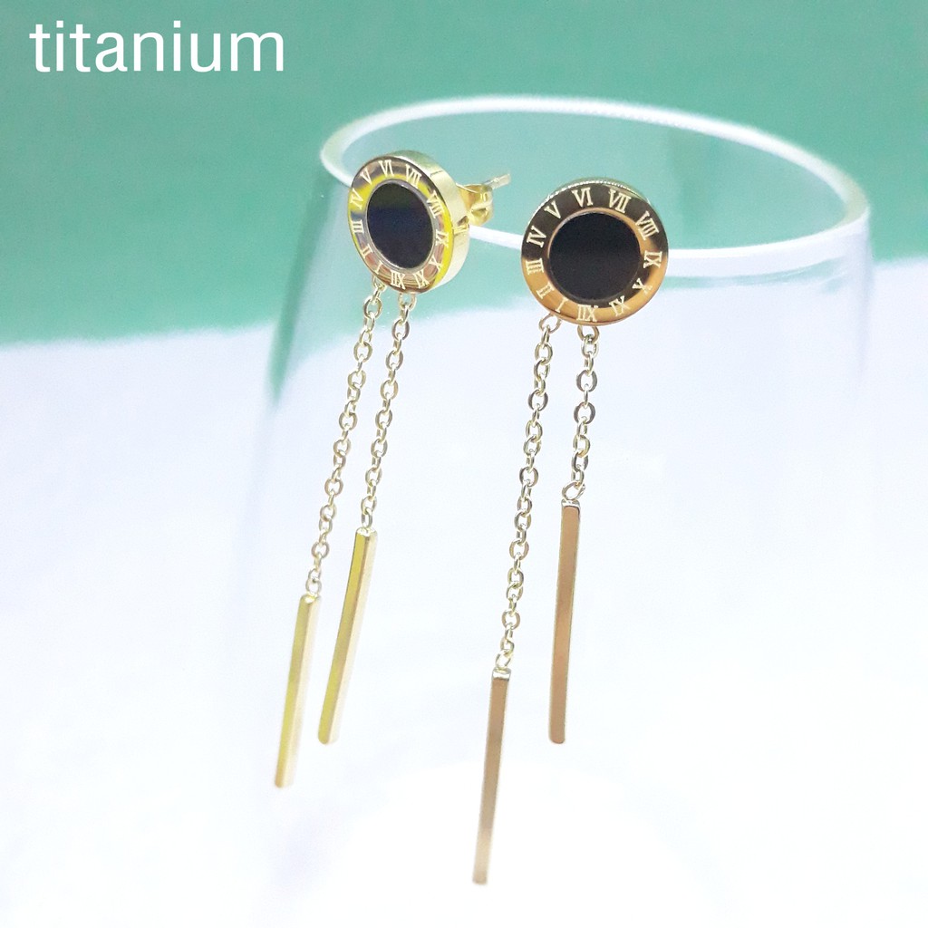 Anting Titanium Romawi Bulat Hitam Roman Juntai Gold dan Rose Gold