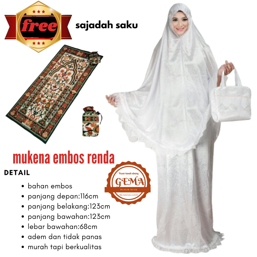 mukena dewasa embos renda free sajadah saku
